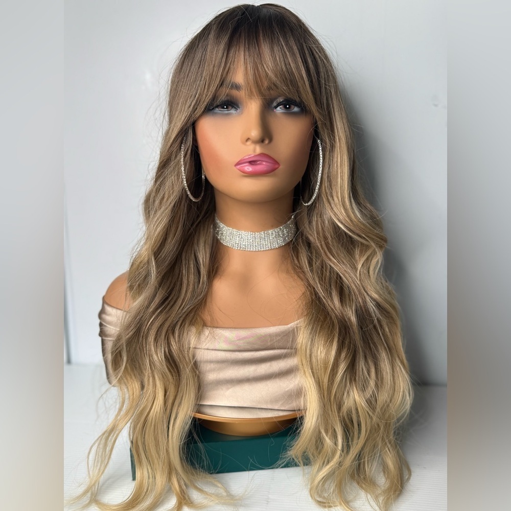 Luxury Long Wavy Blonde Ombre Wig with Bangs - Women Hair Extensions